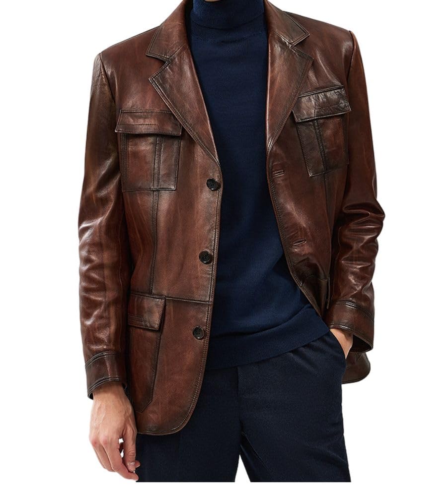 Brown Leather Blazer Men Vintage Italian Blazers Real Lambskin Leather Sports Coat Buttons Jacket X-Large