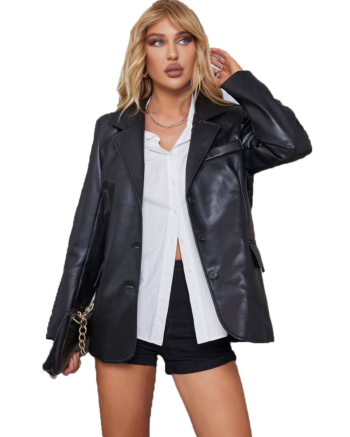 LY VAREY LIN Women Faux Leather Belted Shirt Jacket Lapel Blazer Coat with Bust Pocket