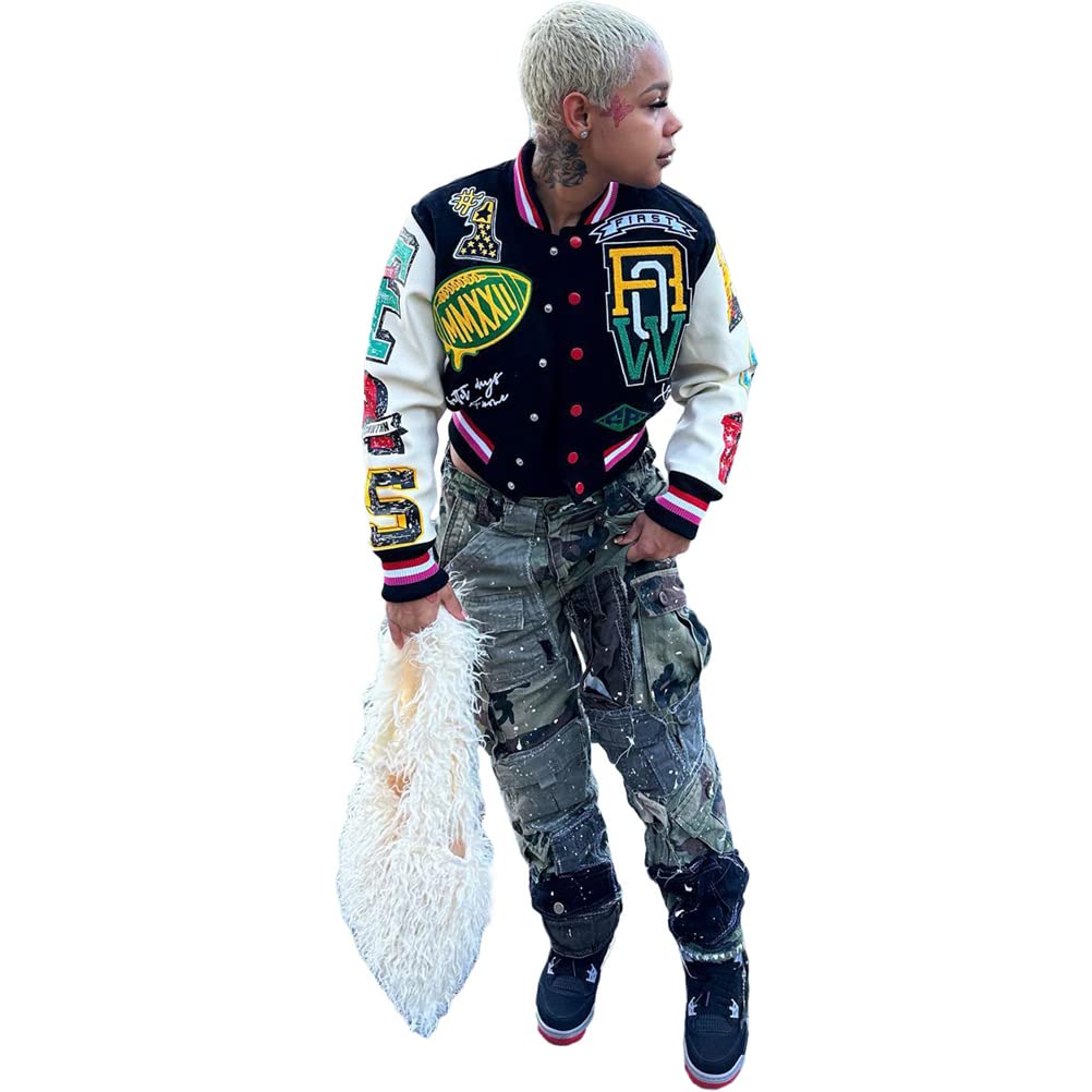 Hotheart Womens Fashion Ribbed Long Sleeve Graffiti Print Button Casual Baseball Jacket Outwear(black,M)