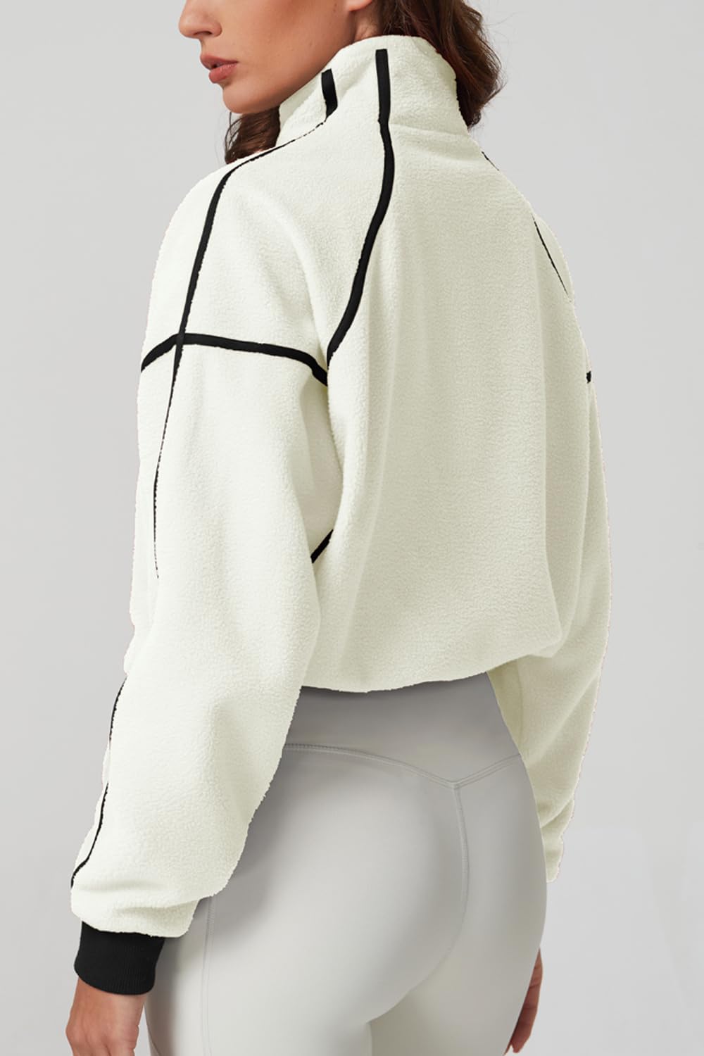 QINSEN Women Sherpa Coat Half Zip Long Sleeve Baggy Short Jacket Mock Neck Fleece Outwear Beige M