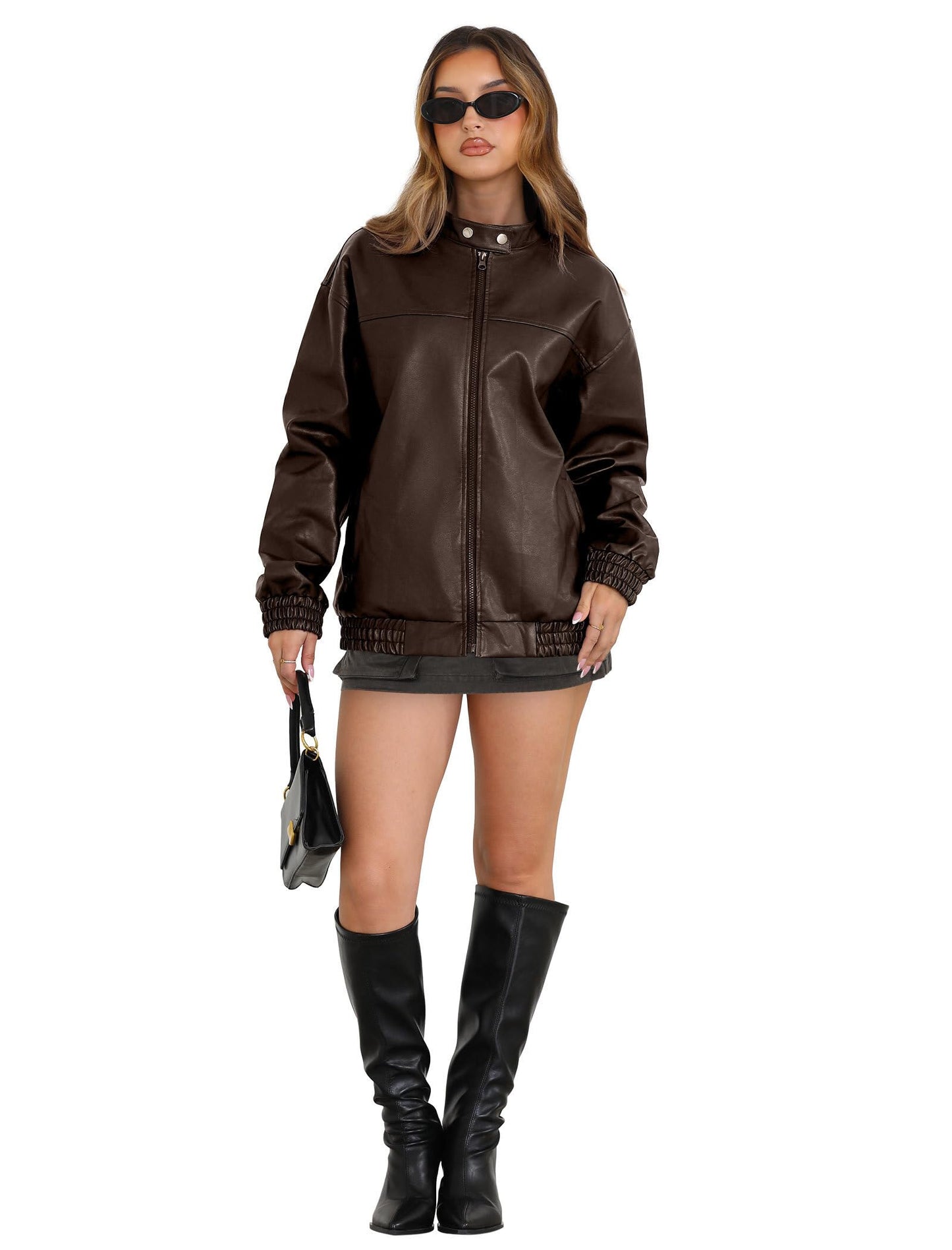 Sampeel Leather Jacket Women Faux Oversized Motorcycle Bomber Coats 2025 Fall Fashion Outfits Winter Clothes Trendy Cute Dark Brown M