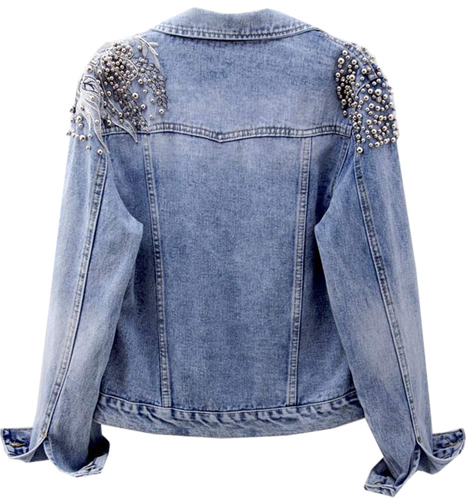 Kedera Women's Denim Jacket Long Sleeve Western Rivet Studded Washed Pearl Short Jean Coat