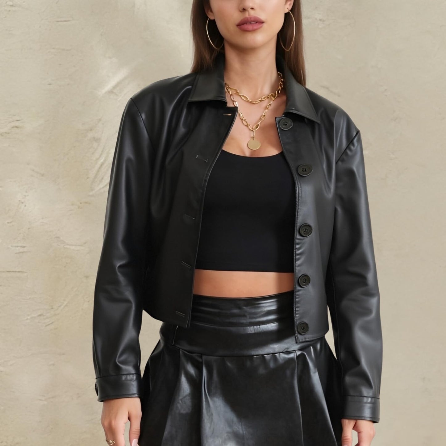 Muzly Womens Cropped Faux Leather Jacket Button Down Lightweight Bomber Motorcycle Jackets fall Fashion Coats 2025 Winter Outfits (Black,M)