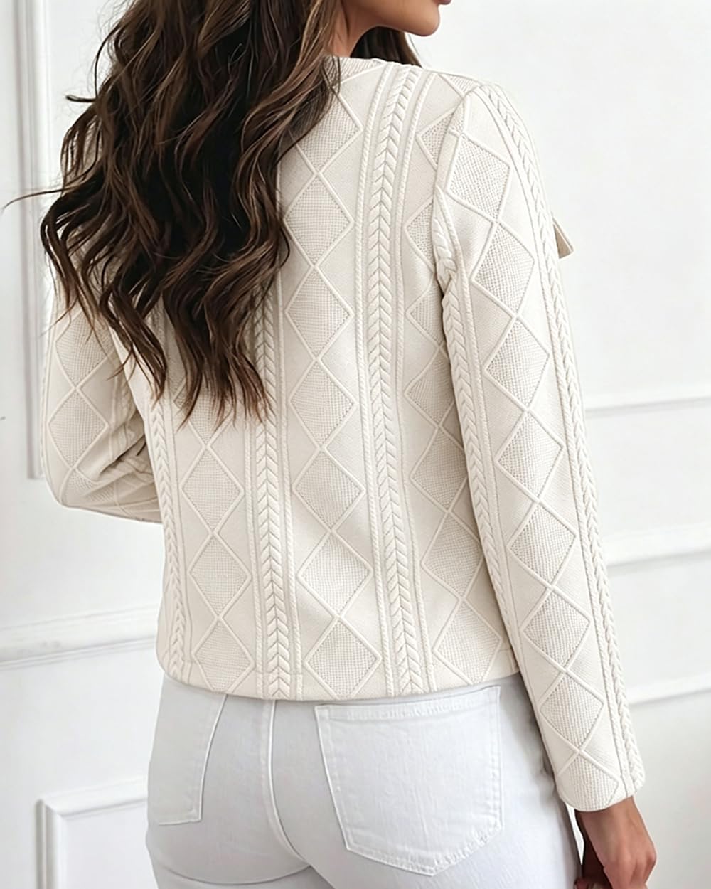 CHICME Womens Bomber Jacket Lightweight Argyle Cable Knit Coat-Beige-Medium