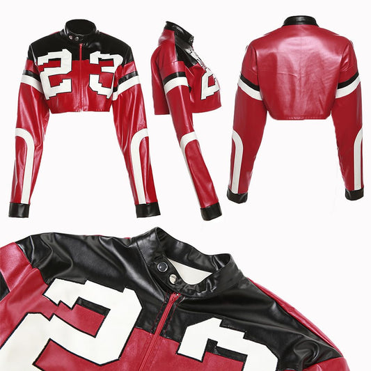 VOIKERDR Leather Jacket Cropped Jacket Motorcycle Jacket Y2K Letter Bomber Jacket Women Faux Leather Jacket Streetwear