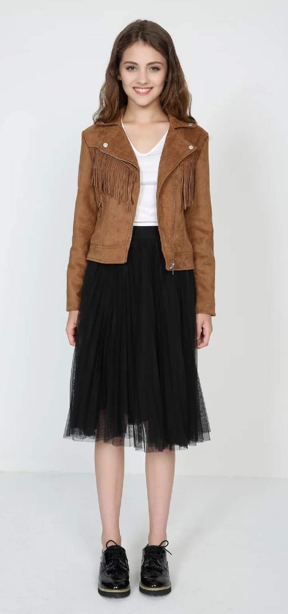 CHARTOU Women's Fall 2023 Fashion Faux Suede Leather Casual Moto Biker Jacket Coats (Small, tassel-coffee)