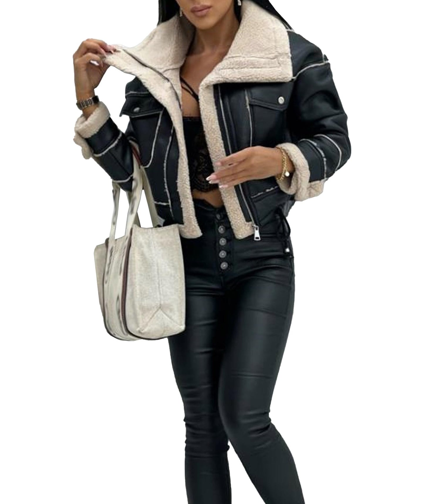 Sexyshine Women's Faux Shearing Moto Bomber Jacket Sherpa-Lined Coat Winter Aviator Leather Coat Outerwear(23744BL,L)