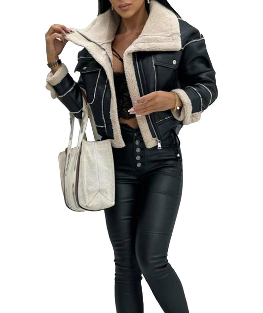 Sexyshine Women's Faux Shearing Moto Bomber Jacket Sherpa-Lined Coat Winter Aviator Leather Coat Outerwear(23744BL,L)