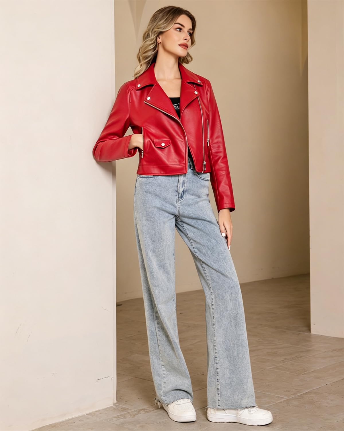 WYOYW Faux Leather Jacket For Women PU Cropped Moto Biker Coat Zip Up Slim Motorcycle Jacket Red S