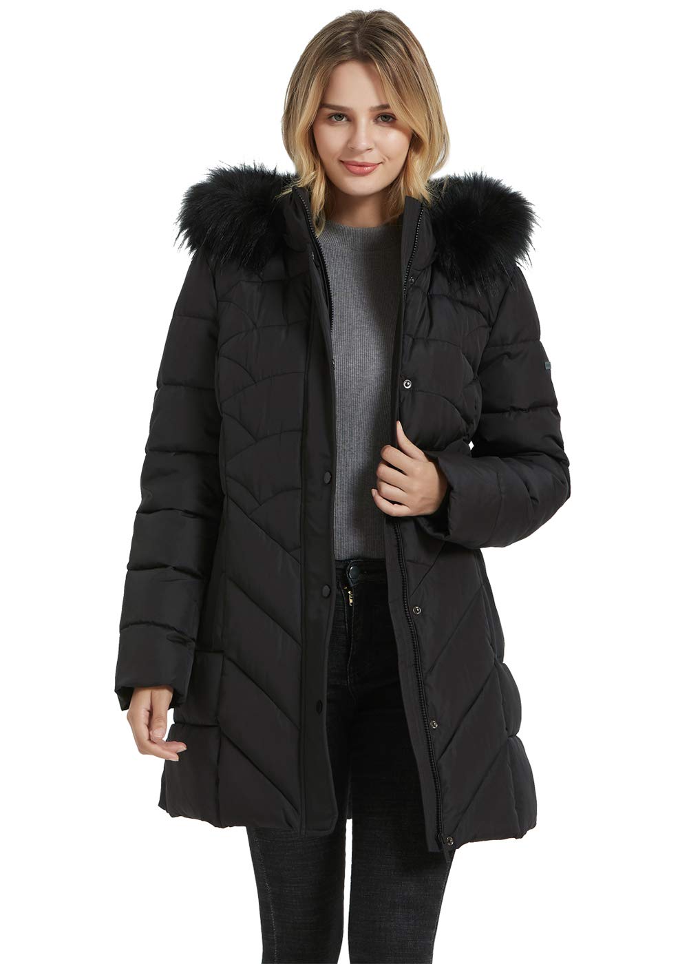 BINACL Women's Fashion Hoodie Thickened Black Jacket, Down Alternative Spring Gift Parka Puffer Cotton Padding Outwear Climbing Long Sleeve Jacket with Fur Hood Great with Sweaters(Black,XL)