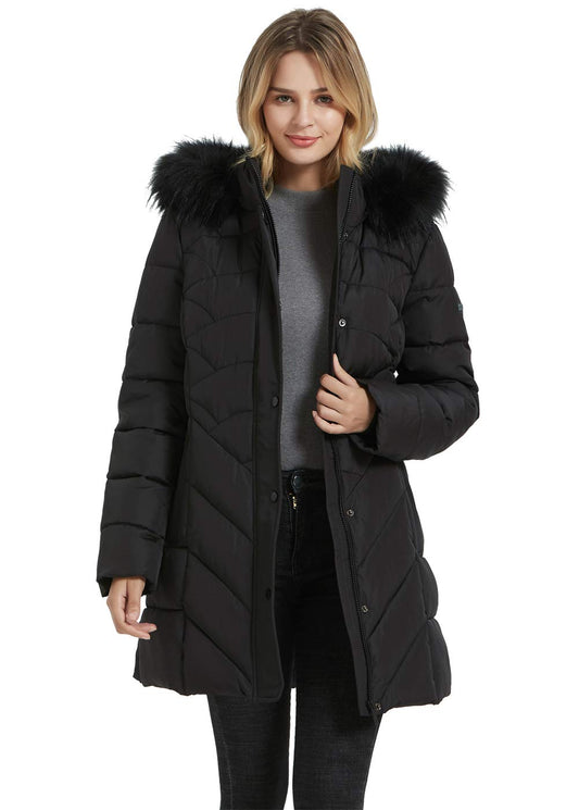 BINACL Women's Fashion Hoodie Thickened Black Jacket, Down Alternative Spring Gift Parka Puffer Cotton Padding Outwear Climbing Long Sleeve Jacket with Fur Hood Great with Sweaters(Black,XL)