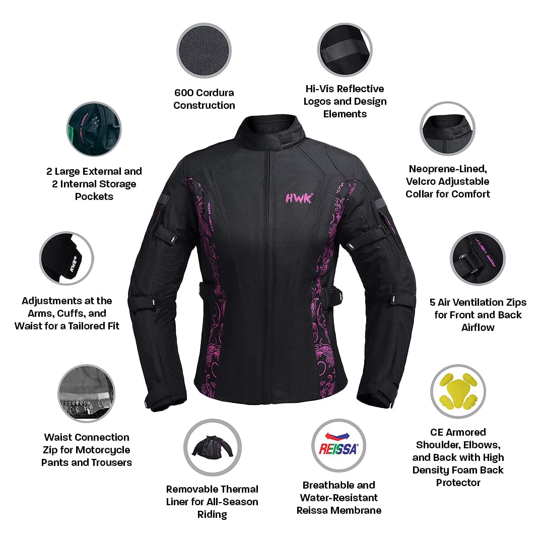 HWK Adventure/Touring Motorcycle Jacket for Women, Women's Motorcycle Jacket with CE Armor for Enduro Motorbike Riding, Water Resistant Textile Biker Jacket for Women - Black & White, Large