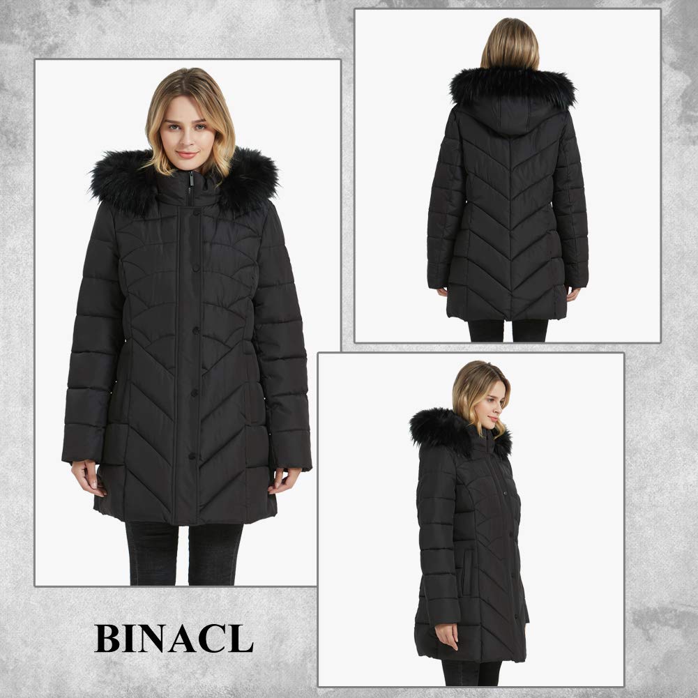 BINACL Women's Fashion Hoodie Thickened Black Jacket, Down Alternative Spring Gift Parka Puffer Cotton Padding Outwear Climbing Long Sleeve Jacket with Fur Hood Great with Sweaters(Black,XL)