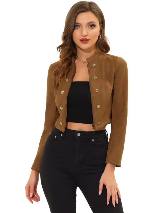 Allegra K Cropped Jacket for Women's Double Breasted Zip Up Faux Suede Jacket Medium Brown