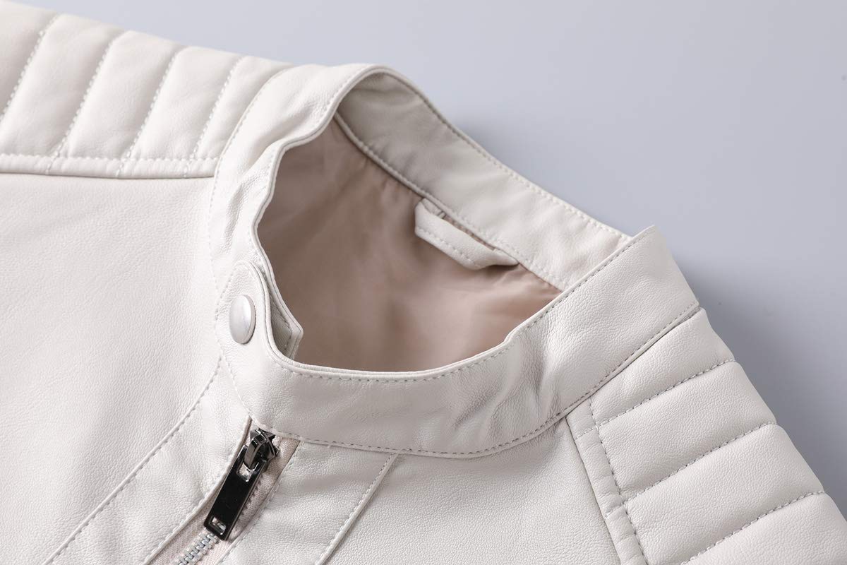 Womleys Mens Casual Stand Collar Slim Fit Faux Leather Jacket Biker Motorcycle Jacket (Ivory, X-Large)