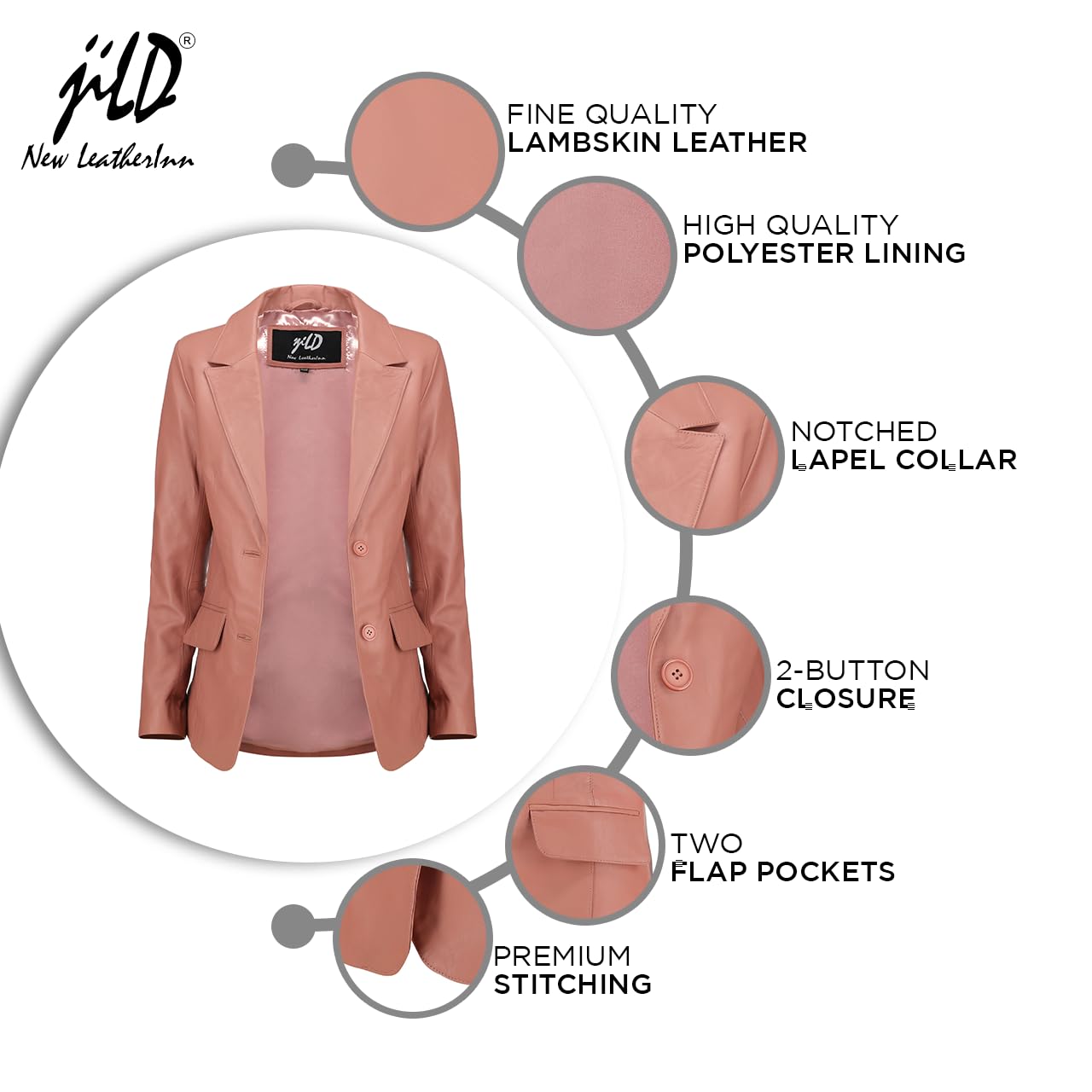 Jild Classic 2-Button Lambskin Leather Blazer Women - Casual Coat Long Sleeves Suit Style Leather Jacket Women (LC-PINK-L)