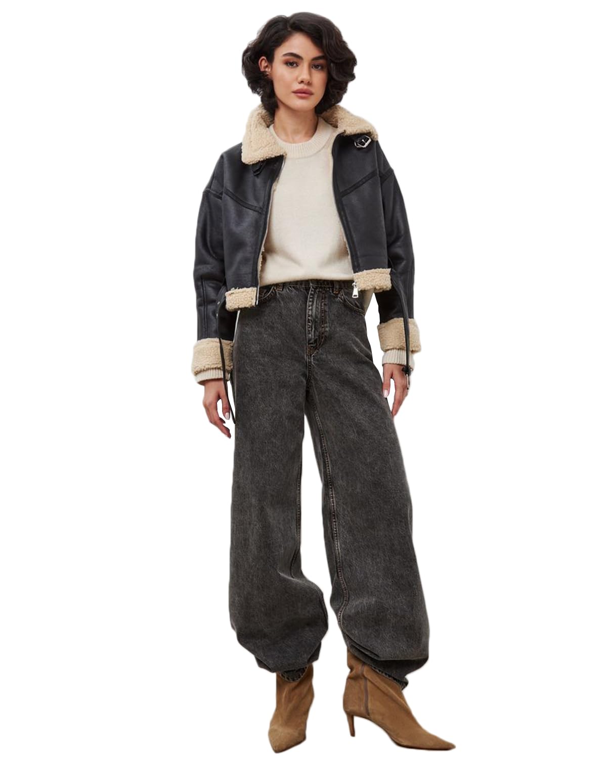 LY VAREY LIN Winter Women Faux Lamb Fur Leather Short Jacket Lapel Zipper Bomber Aviator Coat