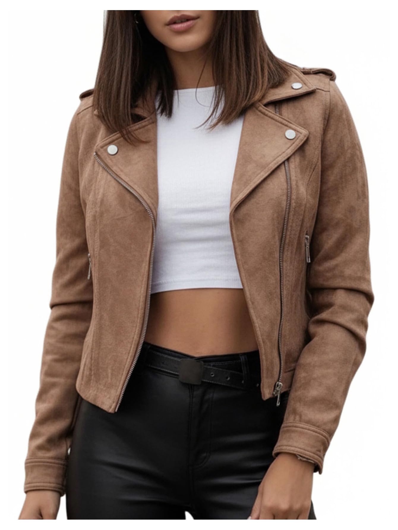 winkbay Women's Faux Suede Motorcycle Jacket Vintage Zip Up Lapel Collar Casual Biker Bomber Jackets Outerwear Brown Medium