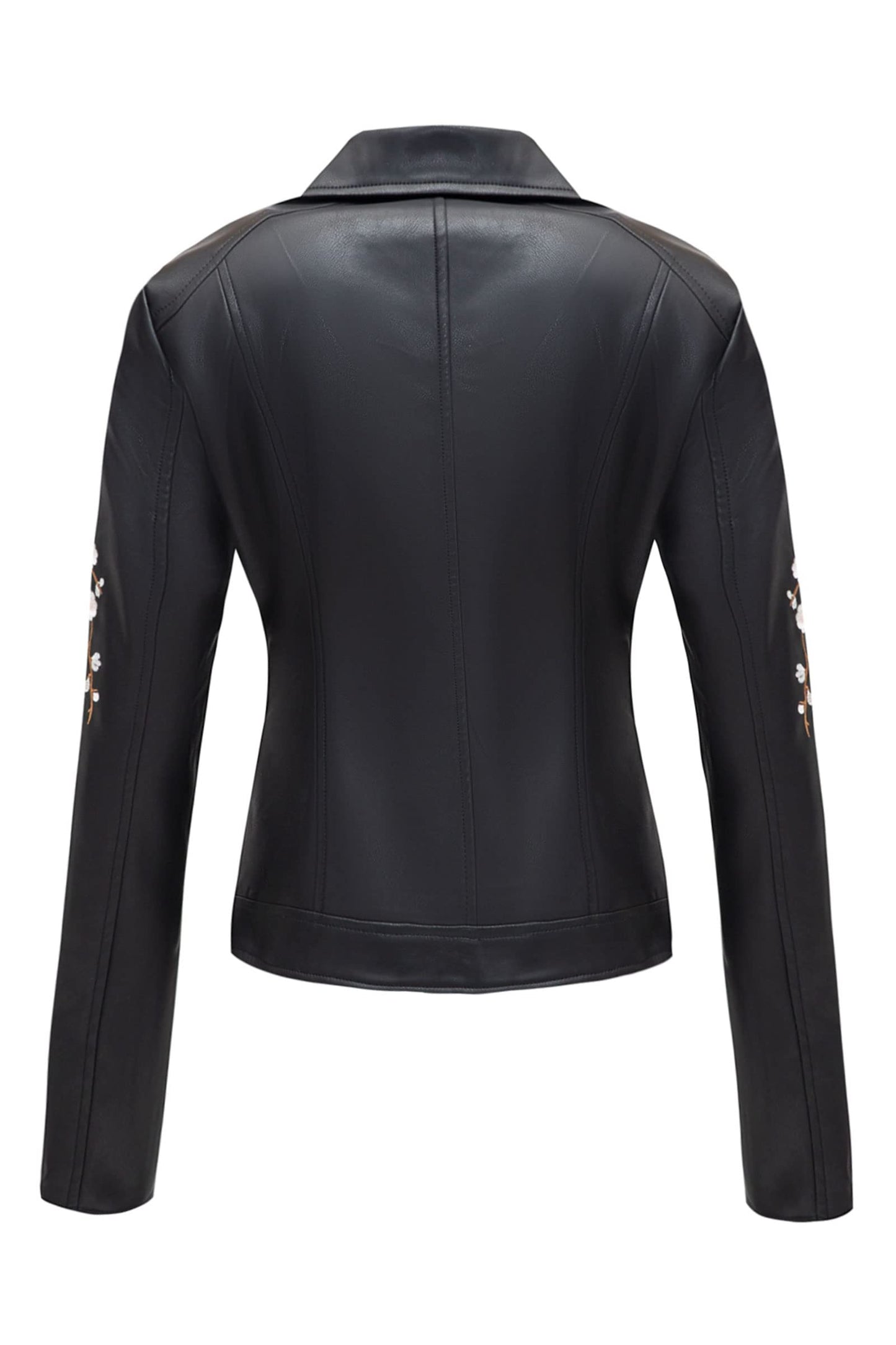 Bellivera Women's Faux Leather Embroidered Casual Lapel Jacket Floral Lightweight Moto Biker Coat for Spring Fall 1702021 Black M