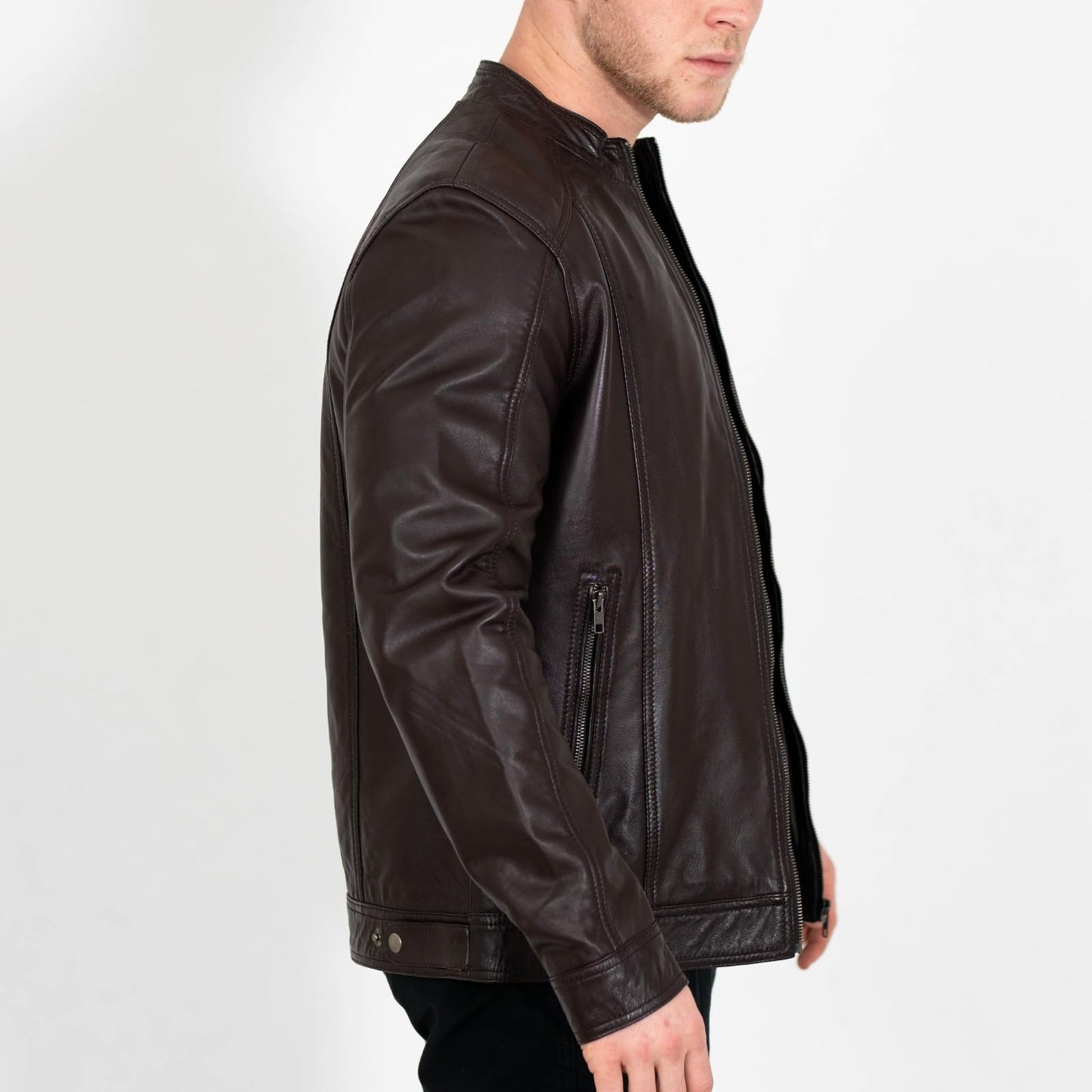 BRICK LANE Stand Collar Leather Jacket for Men | Timeless Design - Genuine Lamb Nappa Leather Cafe Racer Jacket (US, Alpha, X-Large, Regular, Regular, Brown)