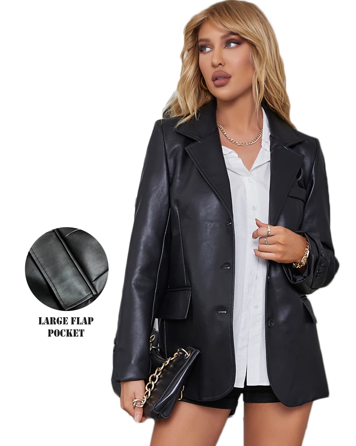 LY VAREY LIN Women Faux Leather Belted Shirt Jacket Lapel Blazer Coat with Bust Pocket