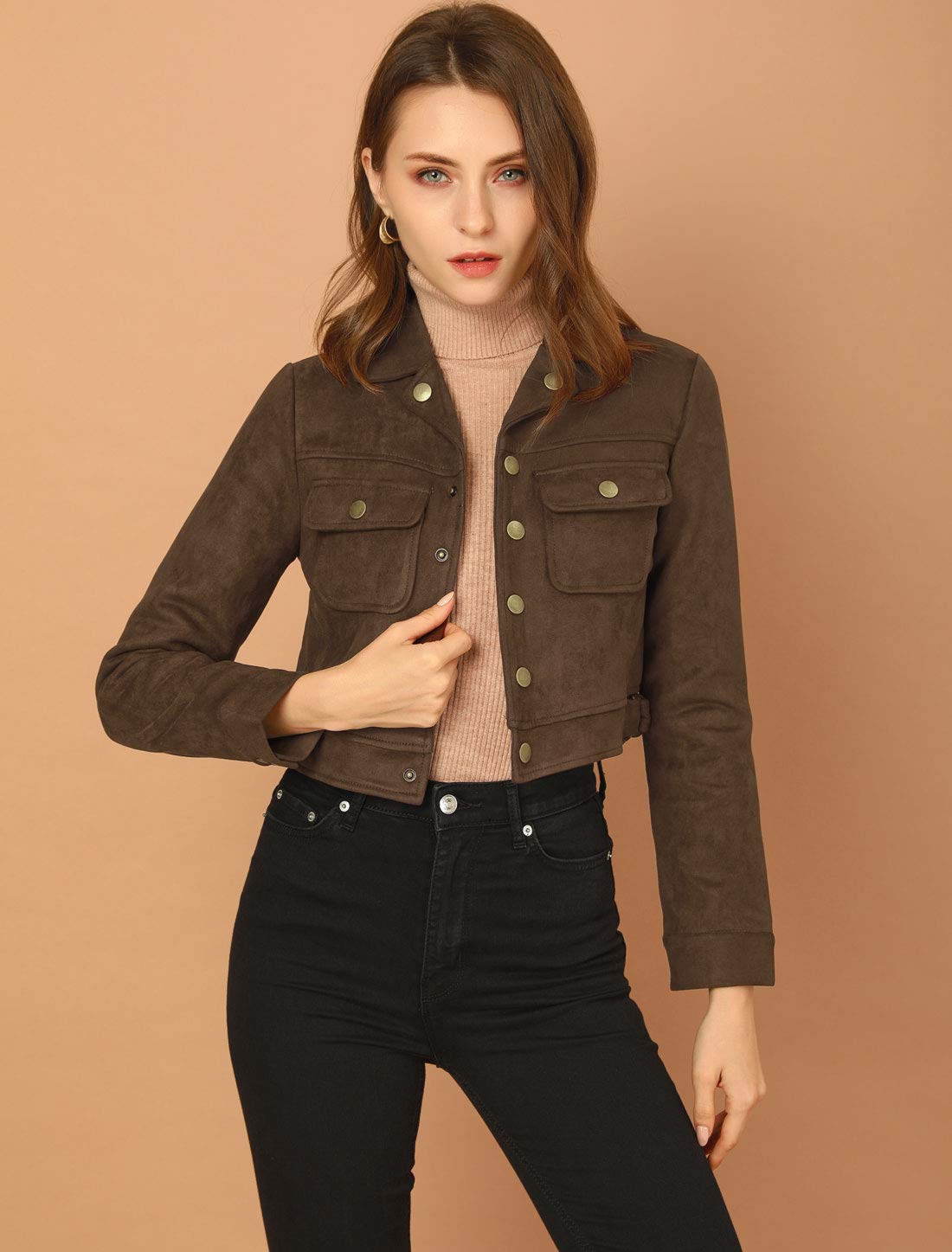 Allegra K Women's Faux Suede Jacket Button Down Collar Crop Outerwear