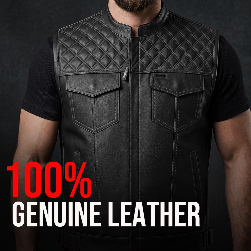 Jackets 4 Bikes SOA Men's Motorcycle Vest, Geniune Buffalo Leather, Back Armor, Inside Pockets, Motorbike Riding Club Vests Paisley White L