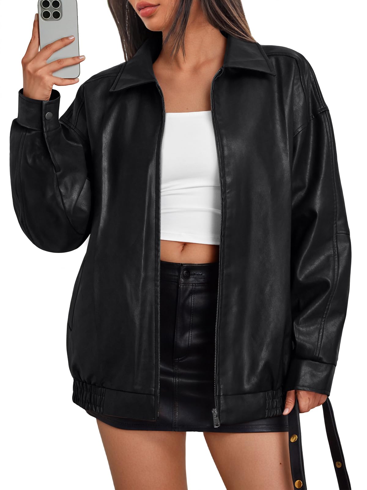 Trendy Queen Womens Leather Jacket, Oversized Spring Going Out & Everyday Statement Piece, Bomber Jackets Fall Moto Coat Black L