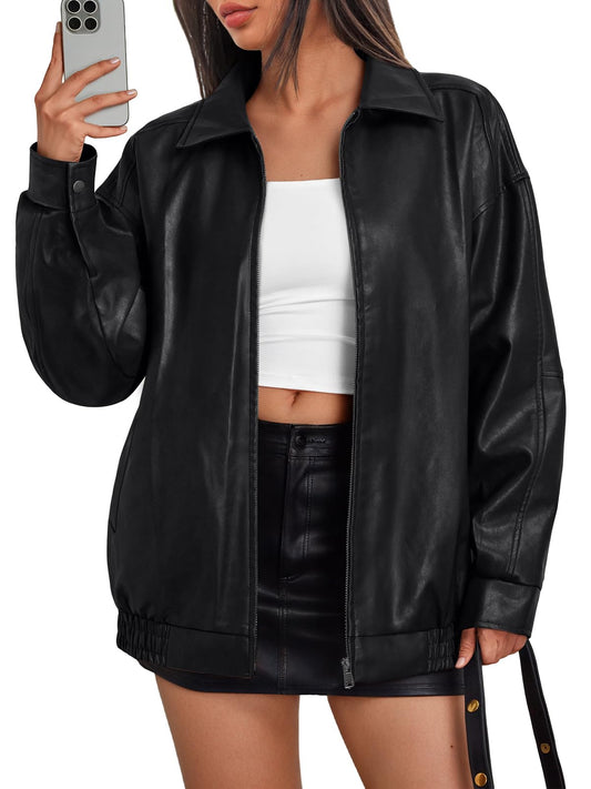 Trendy Queen Womens Leather Jacket, Oversized Spring Going Out & Everyday Statement Piece, Bomber Jackets Fall Moto Coat Black L