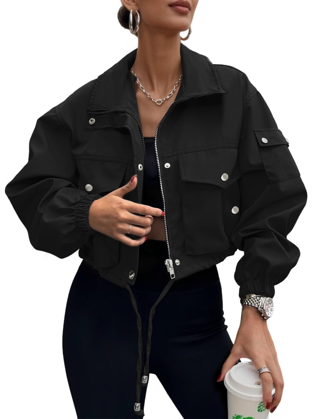 UEAL Womens Lightweight Cropped Bomber Jacket With Pockets Black L