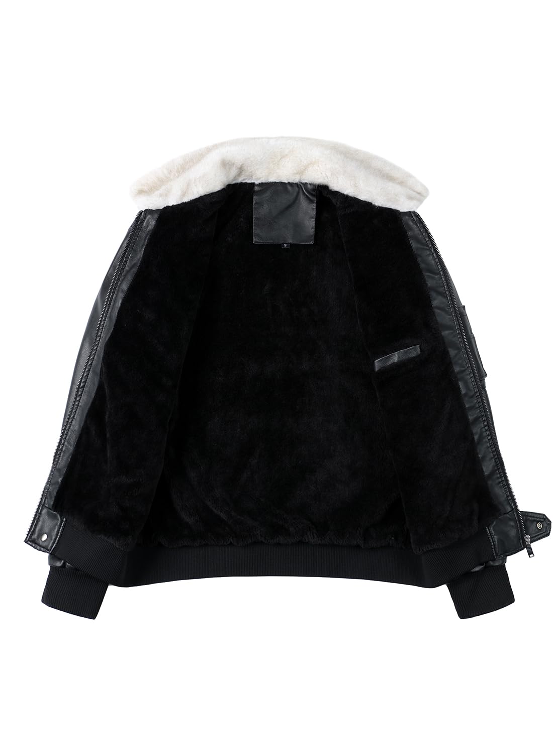HOOD CREW Men’s Faux Leather Aviator Bomber Jacket with Fur Collar Warm Fleece Lined Biker Jackets Vintage Winter Coats Black L
