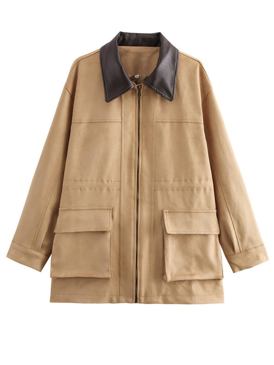 CUFEZN Women's Barn Jacket Faux Suede Leather Collar Utility Jackets Oversized Casual Adjustable Waist Coat with Pockets Khaki Medium