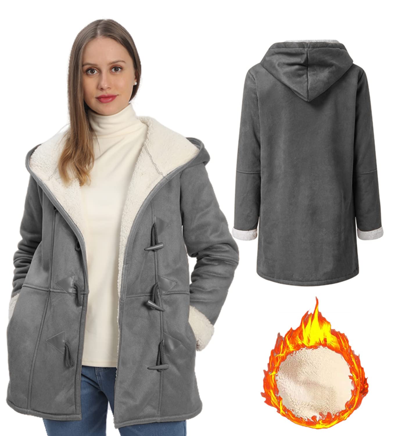 AI'MOURI Windproof Sherpa Lined Outerwear for Women Winter, Fashion Fleece Hooded Overcoat with Pockets, Warm and Thicken Parka Jacket (Gray, L)
