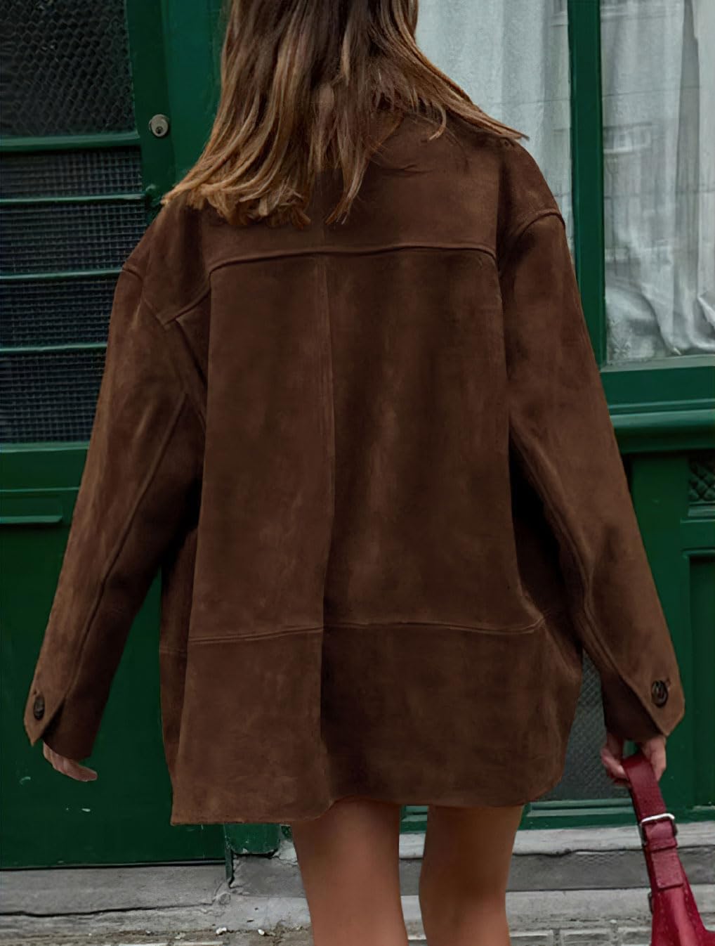 chouyatou Women's Fall Boyfriend Faux Suede Leather Jacket Casual Midi Long Button Down Shacket Coat (Medium, Coffee)