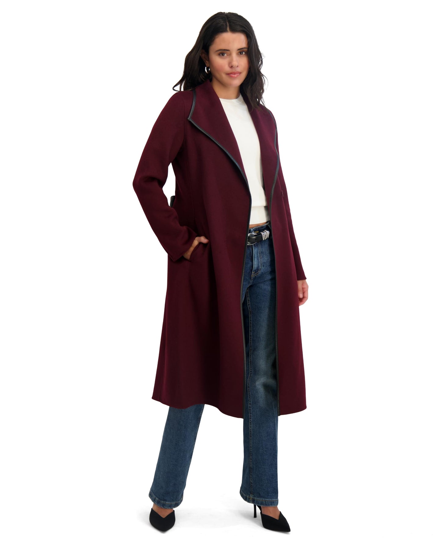 Tahari Women's Double-Faced Luxury Soft Wool Blend Longline Wrap Coat with PU Binding and Removable Belt, Cherry, X-Small