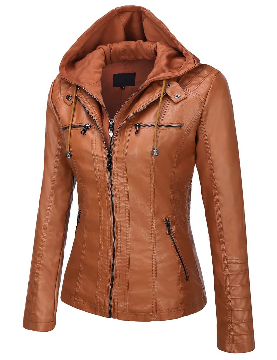 Springrain Women's Faux Leather Jacket Moto Biker Coat with Detachable Hood Motorcycle Jacket (Large, Brown)