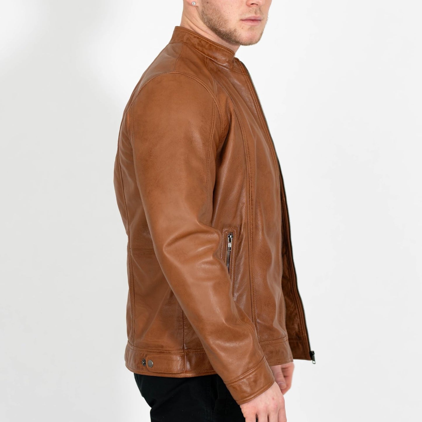BRICK LANE Stand Collar Leather Jacket for Men | Timeless Design - Genuine Lamb Nappa Leather Cafe Racer Jacket (US, Alpha, Large, Regular, Regular, Tan)