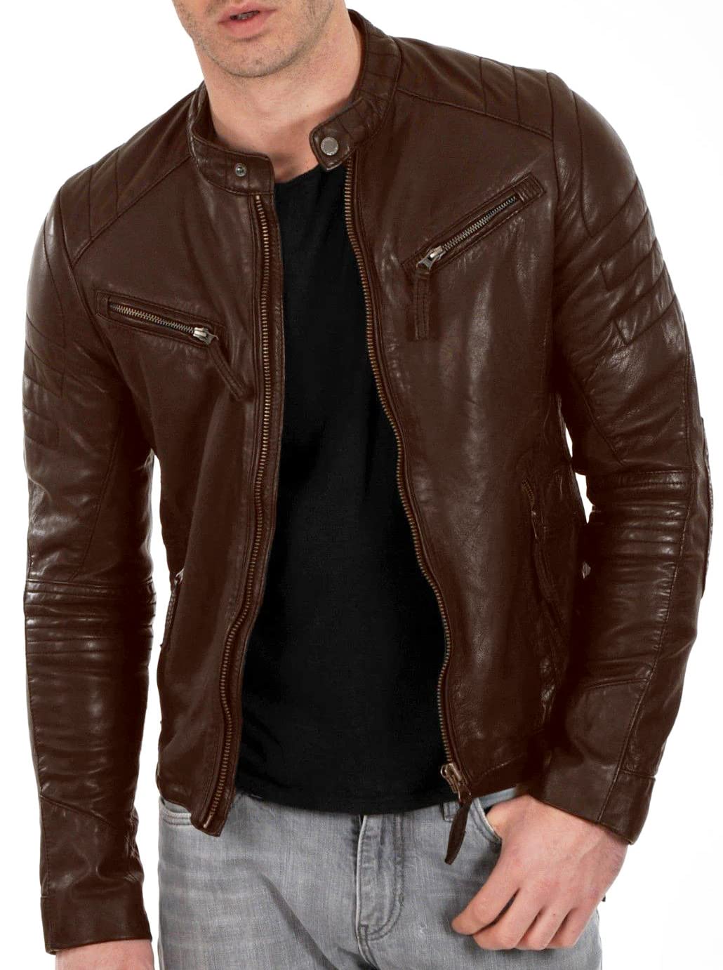 DECIMAL Men's Black & BROWN Genuine Lambskin Leather Biker Jacket VINTAGE REAL MOTORCYCLE JACKETS FOR MEN (2XL, BROWN)