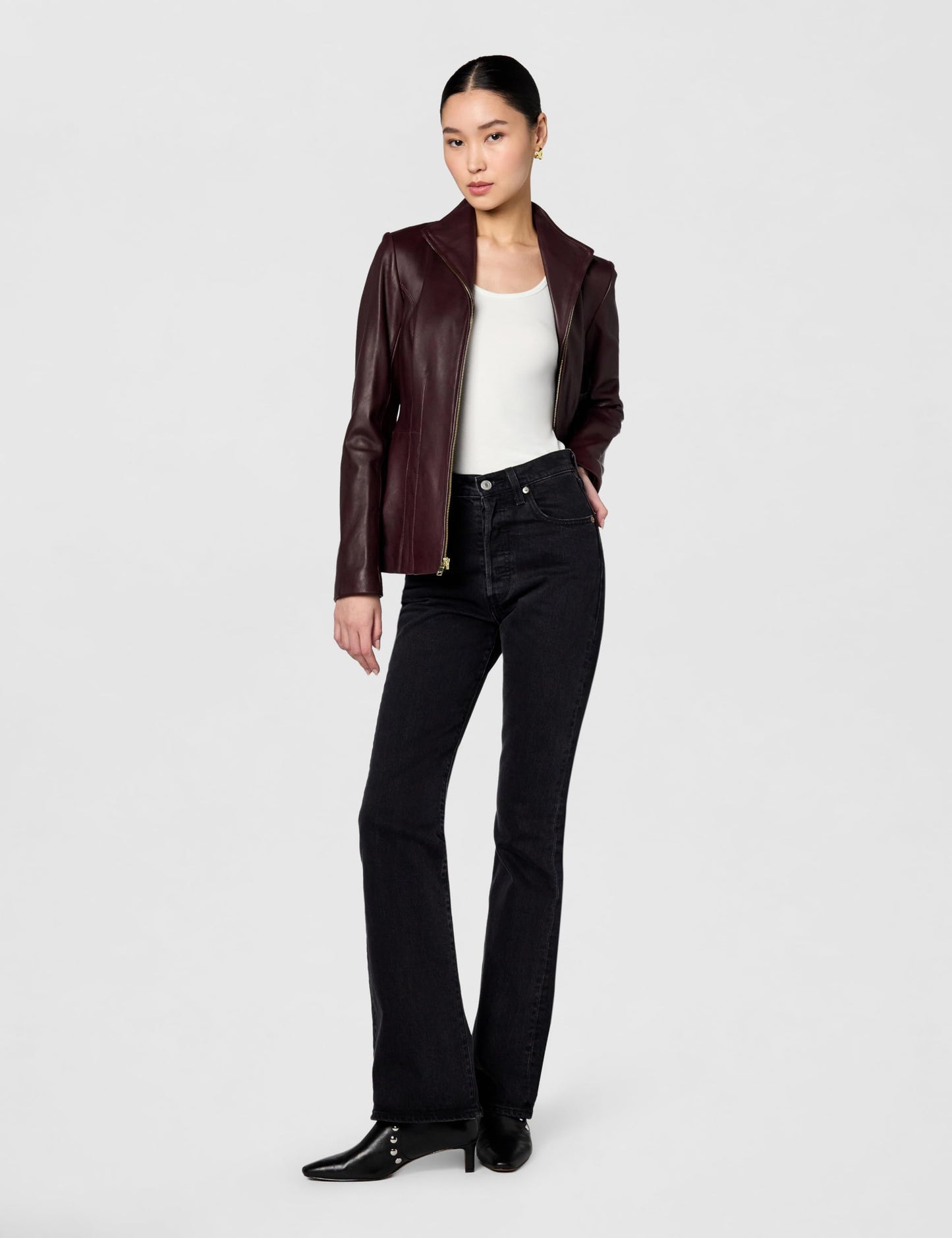Cole Haan Women's Leather Wing Collared Jacket, Chianti, Small