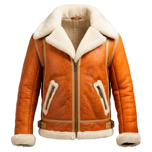 Men’s Ginger Orange Sheepskin Aviator Bomber Jacket – Sherpa Shearling Faux Fur Lined Winter Pilot Leather Outerwear (US, Alpha, Large, Regular, Regular, Ginger Orange)