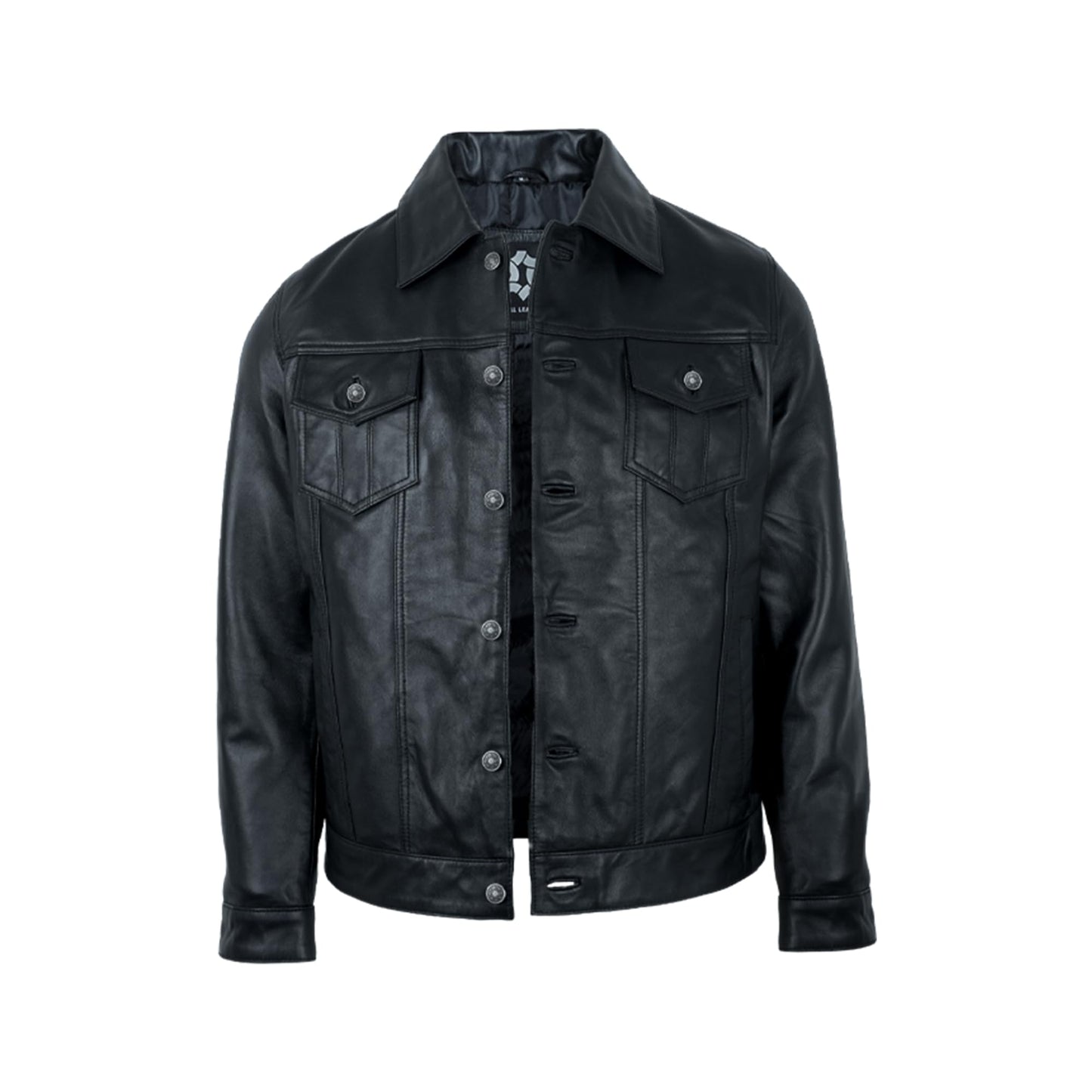 UrbanFocal Black Leather Jacket Men - Real Lambskin Trucker Men's Leather Jackets | [101002305] F.Trucker Black, XL
