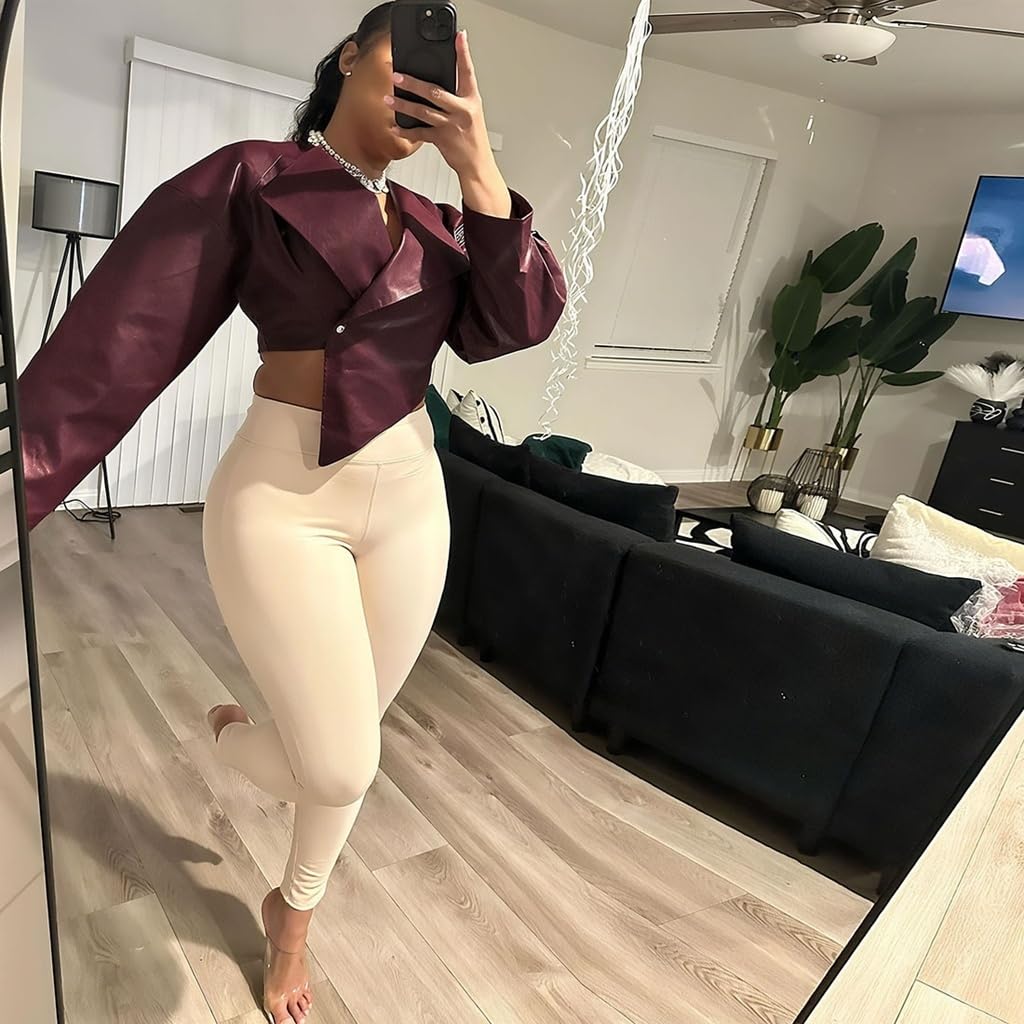 RISCUYY Burgundy Jacket Women Faux Leather Iregular Hem Crop Coat Trendy Long Sleeve Bomber Cropped Leather Jacket Women
