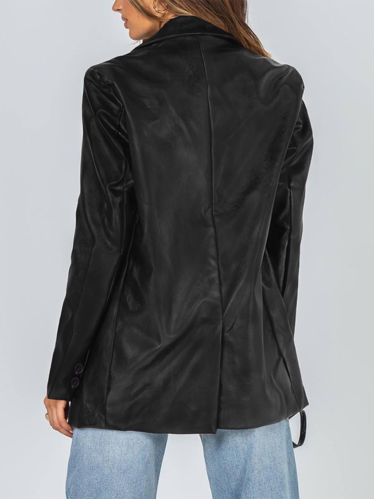 Pepochic Womens Oversized Leather Jacket Long Sleeve Faux Leather Blazer Lapel Button Down Leather Shacket Coat with Pockets