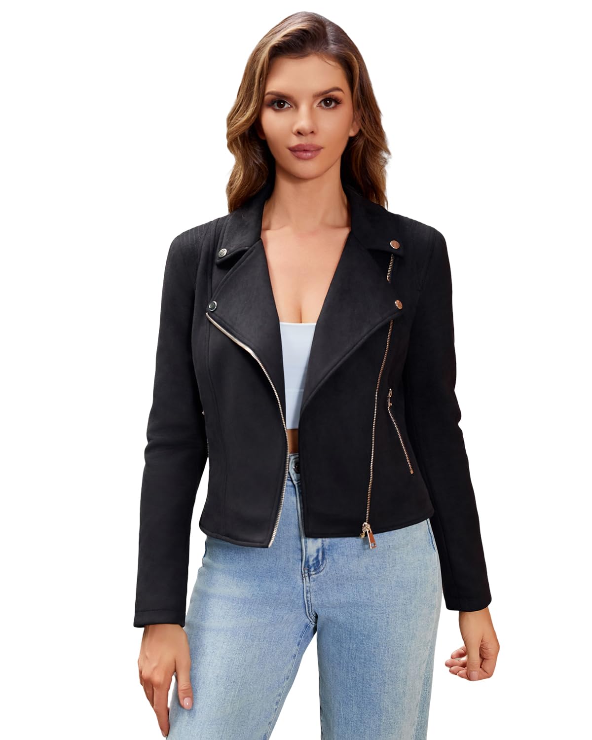 DIASHINY Women Faux Suede Jacket Cropped Leather Moto Biker Coat Slim Zip Up Motorcycle Outwear Black L