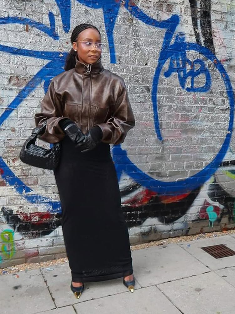 YOUFE Women Faux Leather Jacket Retro Zip Up Motorcycle Long Sleeve Crop Bomber Jacket Y2K Irregular Leather Coat Streetwear