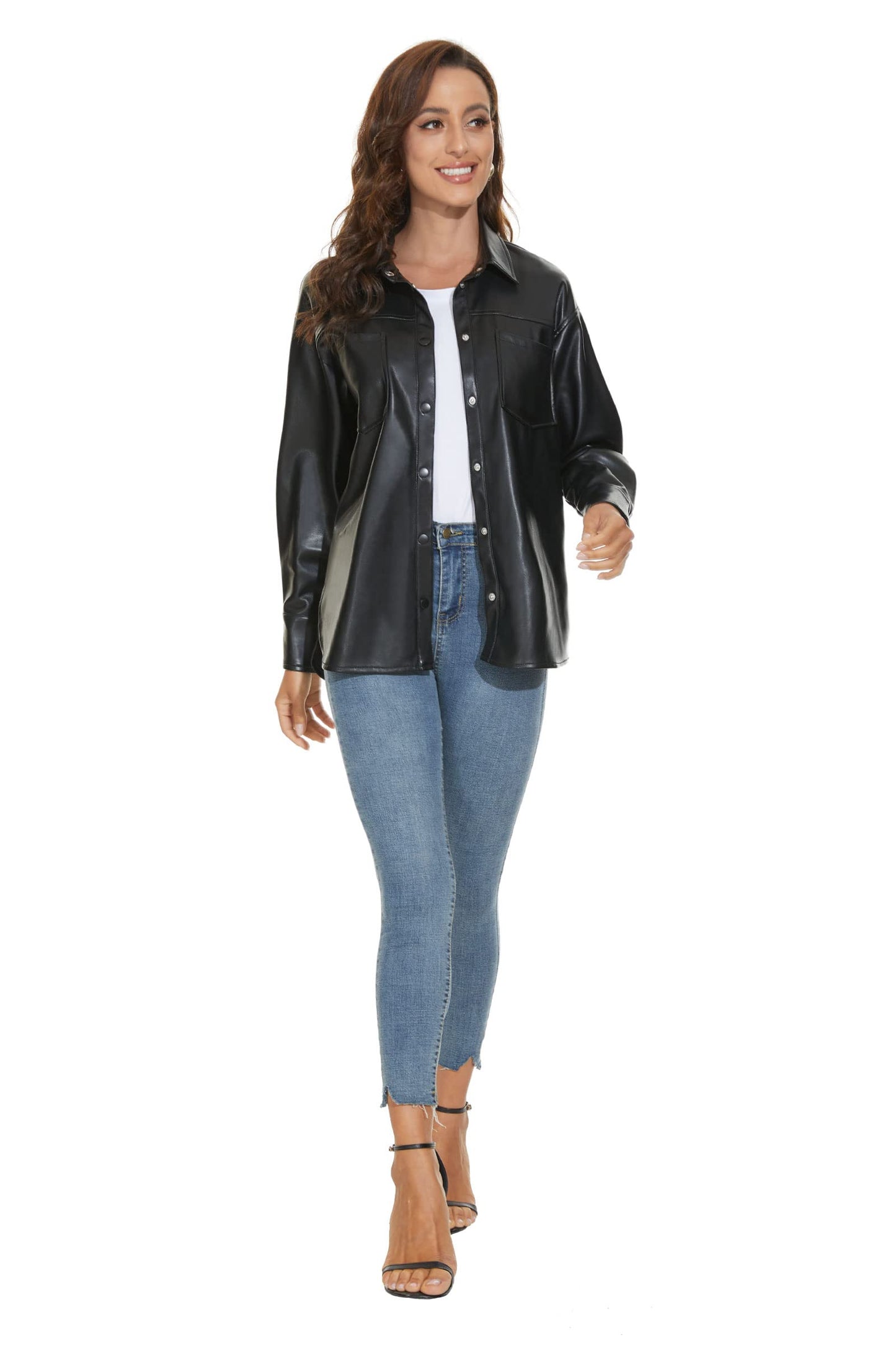 Fahsyee Women Faux Leather Shacket Moto Biker Shirts Loose Fit Blazer Long Sleeves Button Casual Jacket Plus Size S-XXL