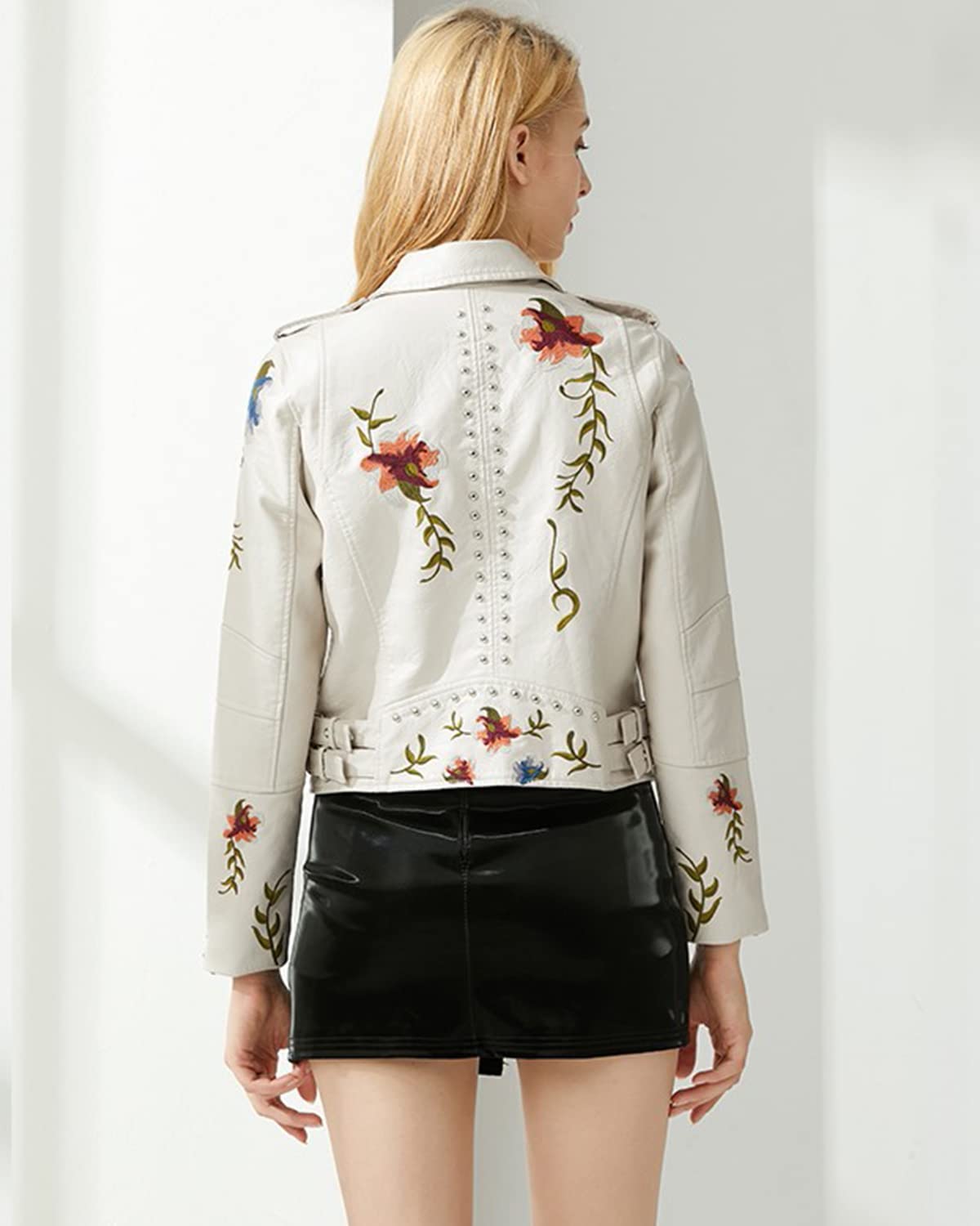 YILANUOYI Women's Embroidered Studded Faux Leather Jacket Moto Punk Jacket Floral Coat (XXL, XHPY Beige)
