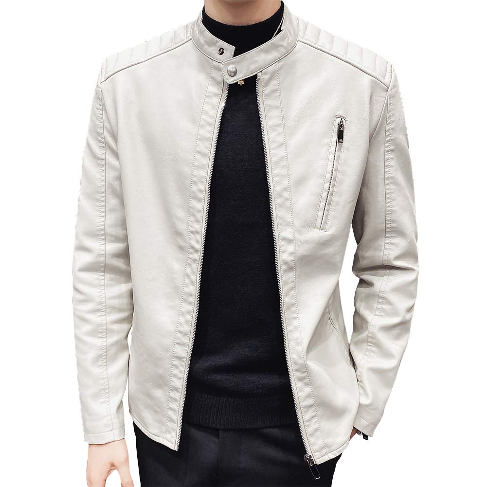 Womleys Mens Casual Stand Collar Slim Fit Faux Leather Jacket Biker Motorcycle Jacket (Ivory, X-Large)