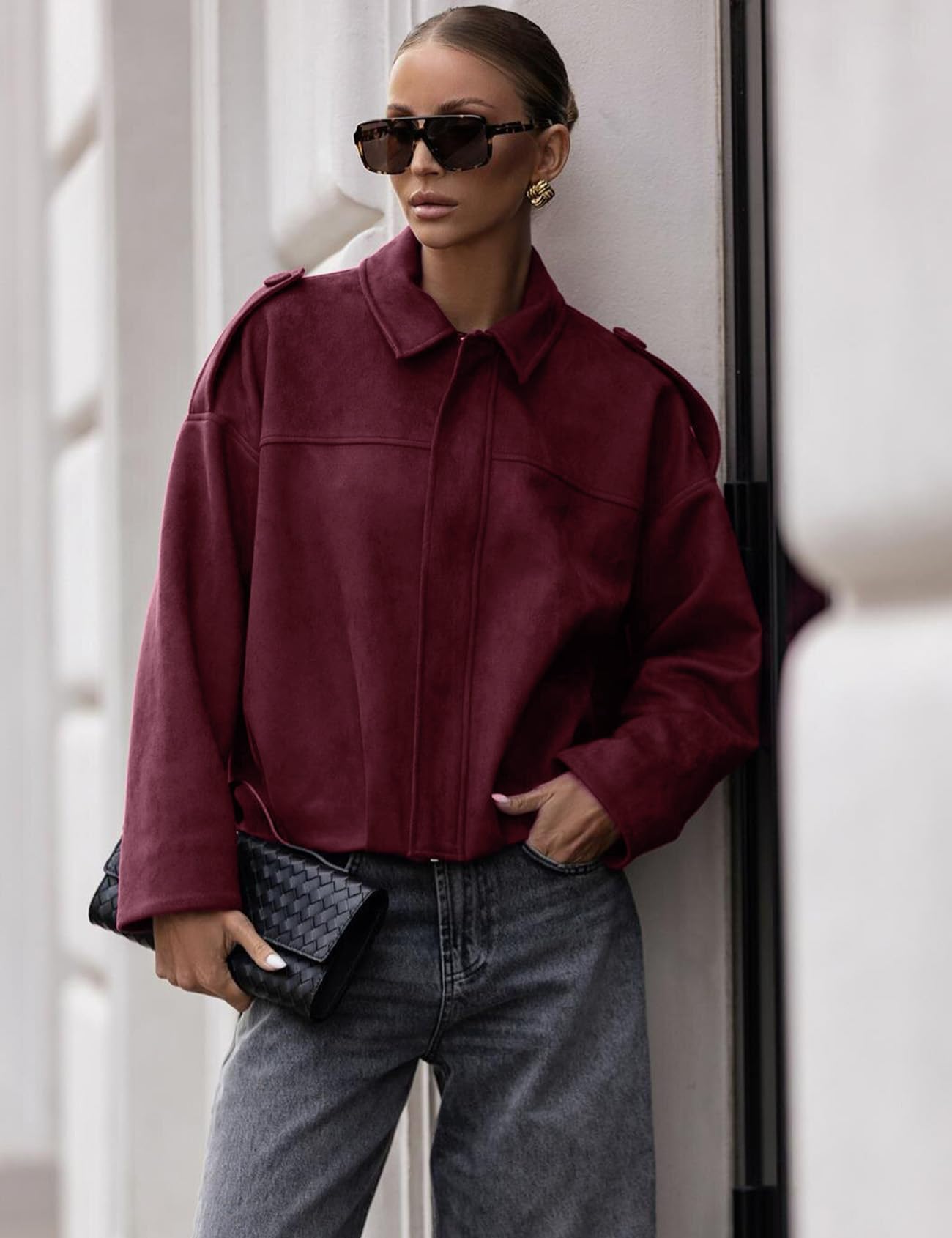 Kissonic Women's Oversized Jackets Faux Suede Bomber Jacket Lapel Pilot Cropped Casual Coat for Streetwear Outerwear(WineRed-L)