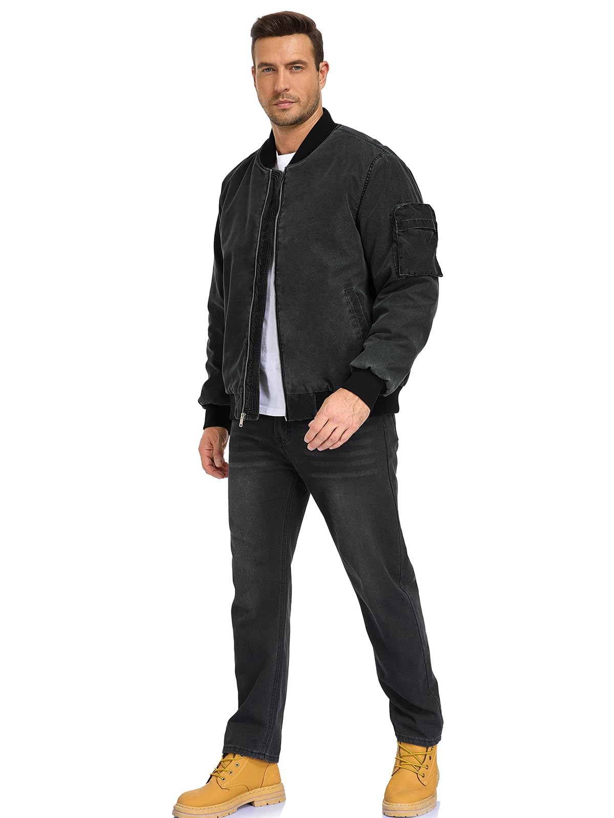 Oymyakon Mens Vintage Bomber Jacket Washed Fall Winter Warm Military Jackets Casual Padded Coats Windbreakers Black M
